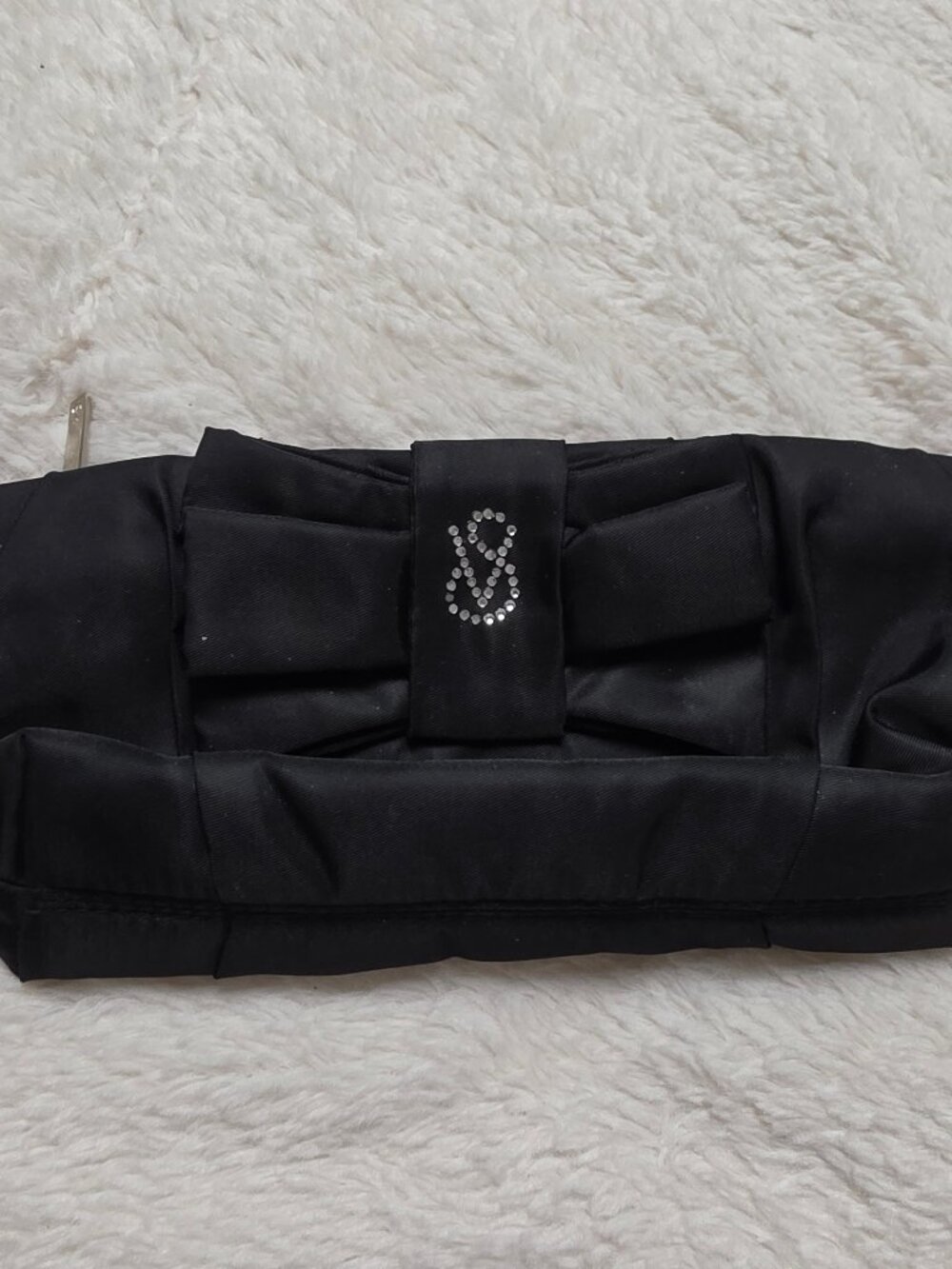 Victoria's Secret Black Satin Bow Evening Clutch Pouch Bag Rhinestone V&S Logo